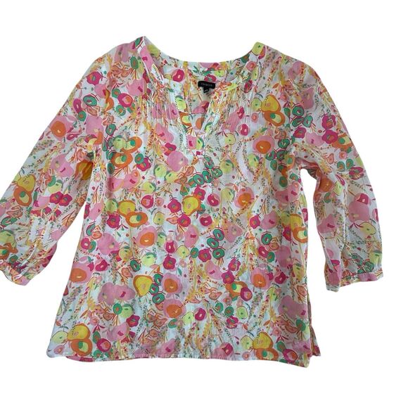Talbots Pintuck Popover Abstract Floral Top Blouse Women XL Pink 3/4 Sleeve Boho - Picture 2 of 11